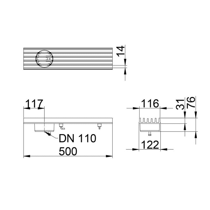 Afvoergoot-Lijngoot-Draingoot-Hydroline 120-L=0,5m-Onderafvoer 110mm-Zeldragend-Type I-Tekening-DWTN