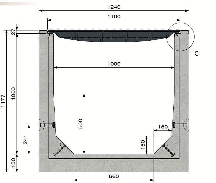 Afwateringsgoot-Tekening-Delta-U-100100-Gietijzer-Rooster-D400-DWTN