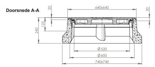 Putafdekking--Putrand-Putdeksel-Gietijzer-Beton-240mm hoog-Tekening-DWTN