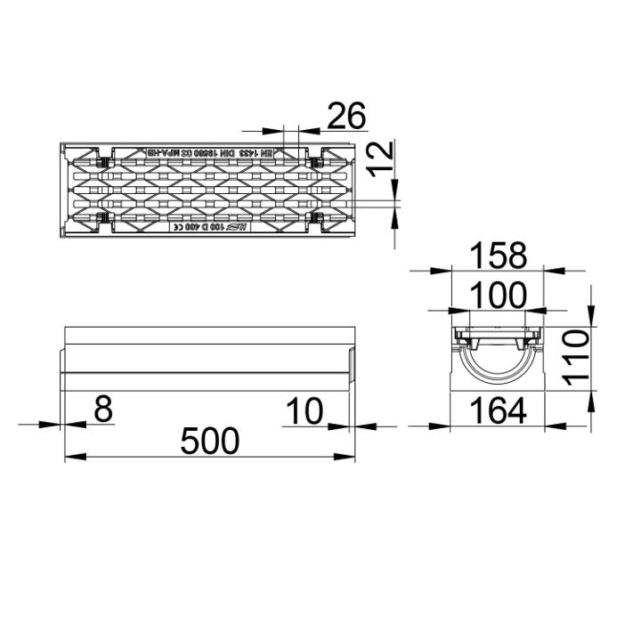 Roostergoot-Maxi-100-Langstaafrooster-D400KN-L=0,5m-H=110mm-Tekening-DWTN
