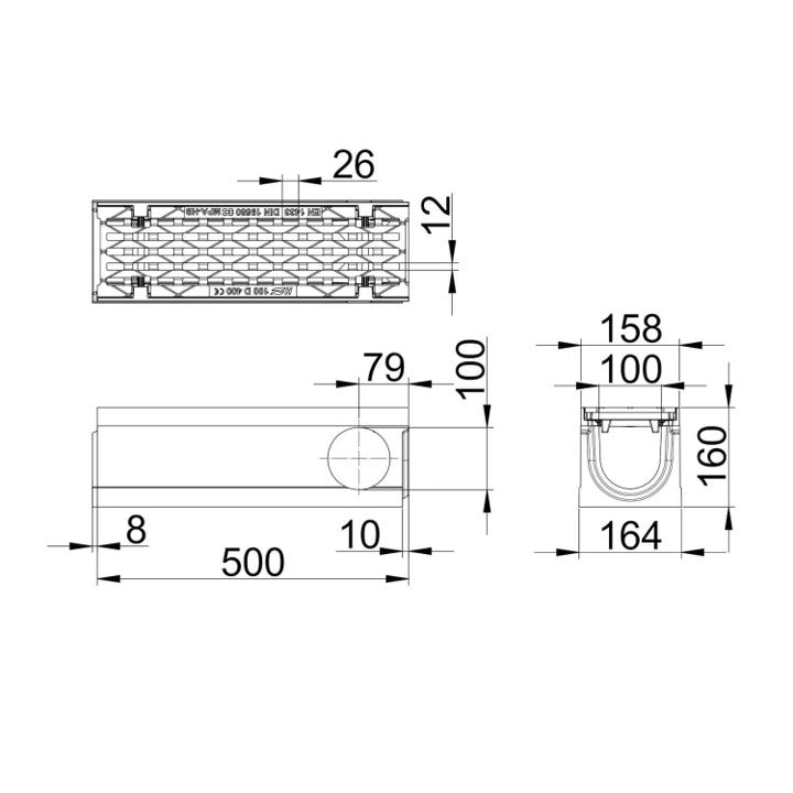 Roostergoot-Maxi-100-Langstaafrooster-D400KN-L=0,5m-H=160mm-Hoekstuk-Tstuk-Tekening-DWTN