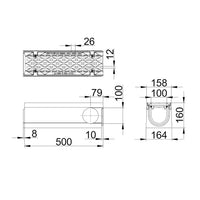 Roostergoot-Maxi-100-Langstaafrooster-D400KN-L=0,5m-H=160mm-Hoekstuk-Tstuk-Tekening-DWTN
