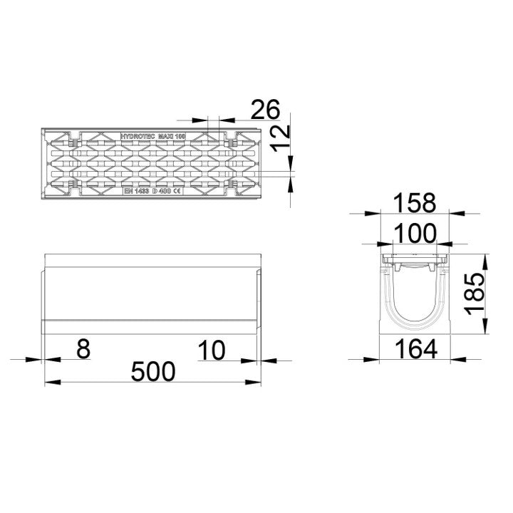 Roostergoot-Maxi-100-Langstaafrooster-D400KN-L=0,5m-H=185mm-Tekening-DWTN