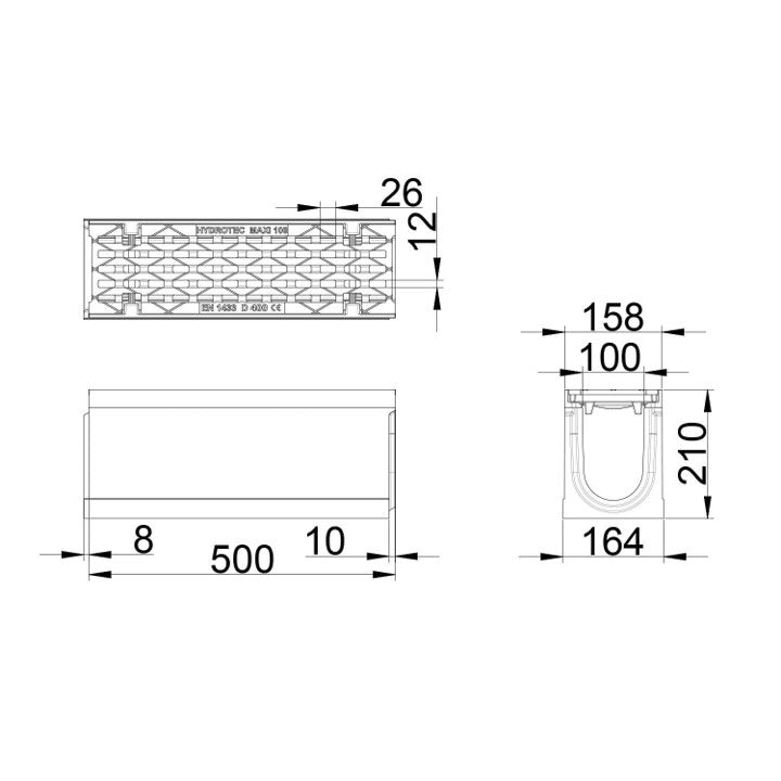 Roostergoot-Maxi-100-Langstaafrooster-D400KN-L=0,5m-H=210mm-Tekening-DWTN