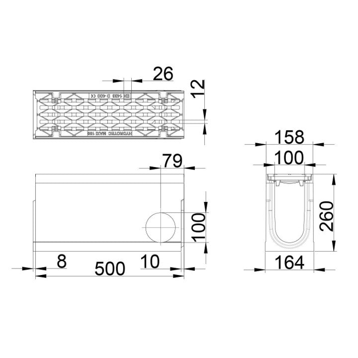 Roostergoot-Maxi-100-Langstaafrooster-D400KN-L=0,5m-H=260mm-Hoekstuk-Tstuk-Tekening-DWTN