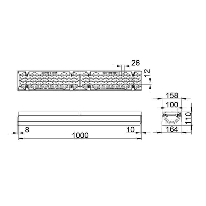 Roostergoot-Maxi-100-Langstaafrooster-D400KN-L=1m-H=110mm-Tekening-DWTN