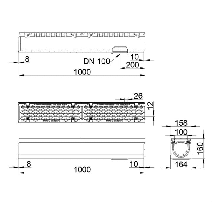 Roostergoot-Maxi-100-Langstaafrooster-D400KN-L=1m-H=160mm-Onderafvoer-Tekening-DWTN