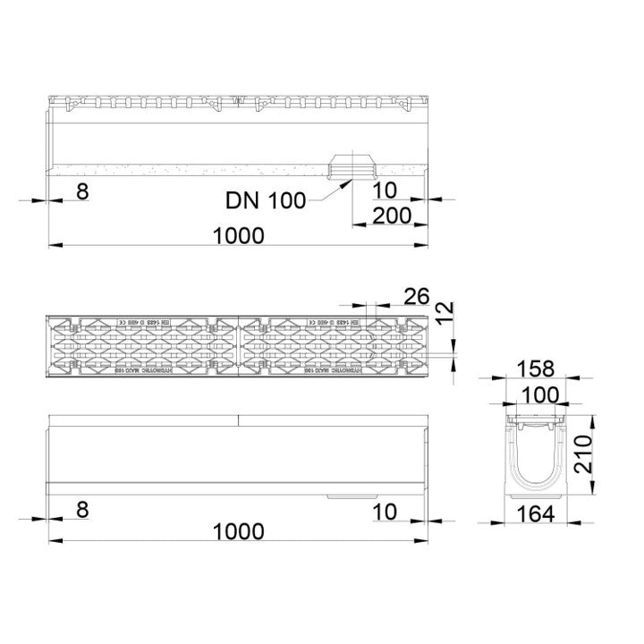 Roostergoot-Maxi-100-Langstaafrooster-D400KN-L=1m-H=210mm-Onderafvoer-Tekening-DWTN