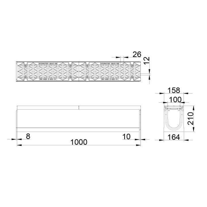 Roostergoot-Maxi-100-Langstaafrooster-D400KN-L=1m-H=210mm-Tekening-DWTN