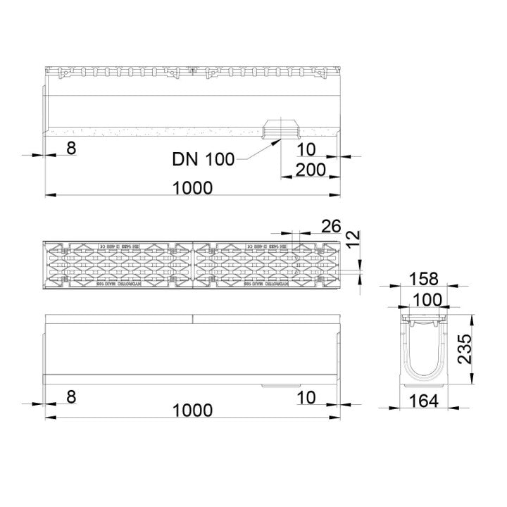 Roostergoot-Maxi-100-Langstaafrooster-D400KN-L=1m-H=235mm-Onderafvoer-Tekening-DWTN