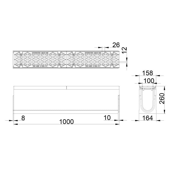 Roostergoot-Maxi-100-Langstaafrooster-D400KN-L=1m-H=260mm-Tekening-DWTN