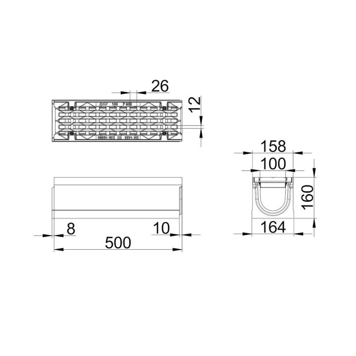 Roostergoot-Maxi-100-Langstaafrooster-F900KN-L=0,5m-H=160mm-Tekening-DWTN