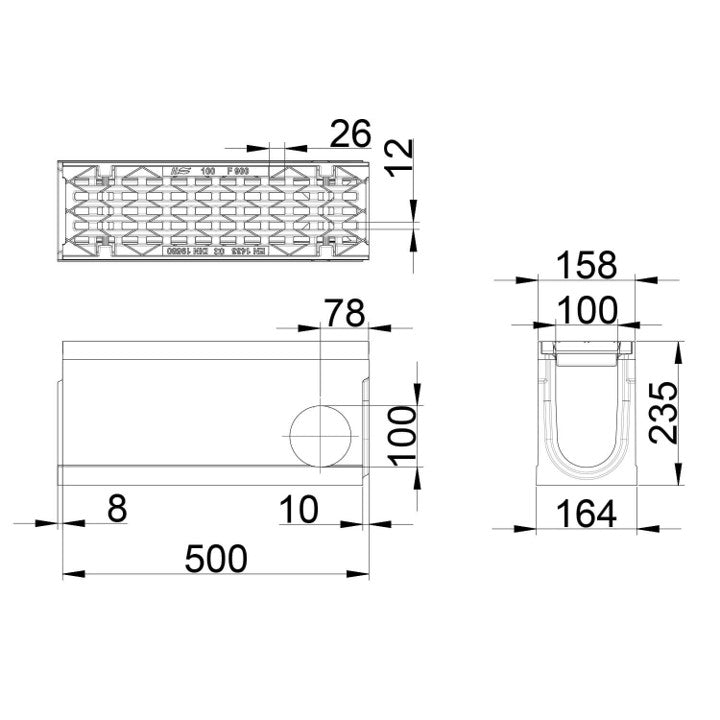 Roostergoot-Maxi-100-Langstaafrooster-F900KN-L=0,5m-H=235mm-Hoekstuk-Tstuk-Tekening-DWTN