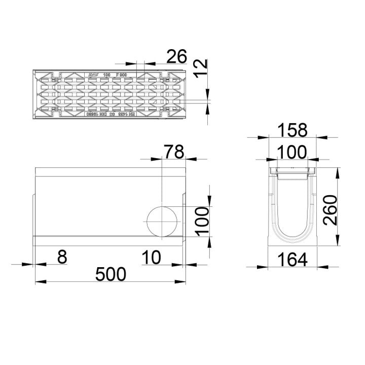 Roostergoot-Maxi-100-Langstaafrooster-F900KN-L=0,5m-H=260mm-Hoekstuk-Tstuk-Tekening-DWTN