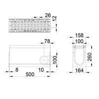 Roostergoot-Maxi-100-Langstaafrooster-F900KN-L=0,5m-H=260mm-Hoekstuk-Tstuk-Tekening-DWTN