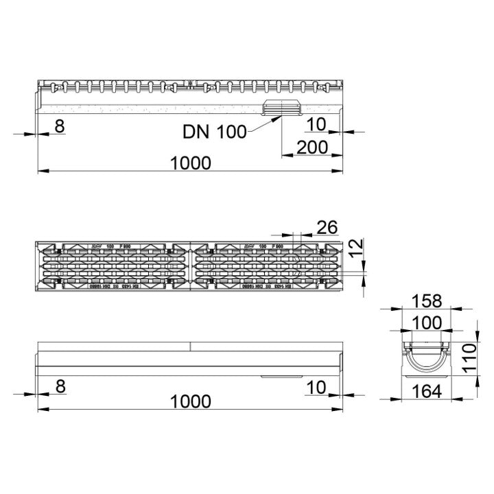 Roostergoot-Maxi-100-Langstaafrooster-F900KN-L=1m-H=110mm-Onderafvoer-Tekening-DWTN