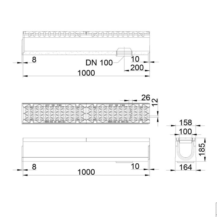 Roostergoot-Maxi-100-Langstaafrooster-F900KN-L=1m-H=185mm-Onderafvoer-Tekening-DWTN