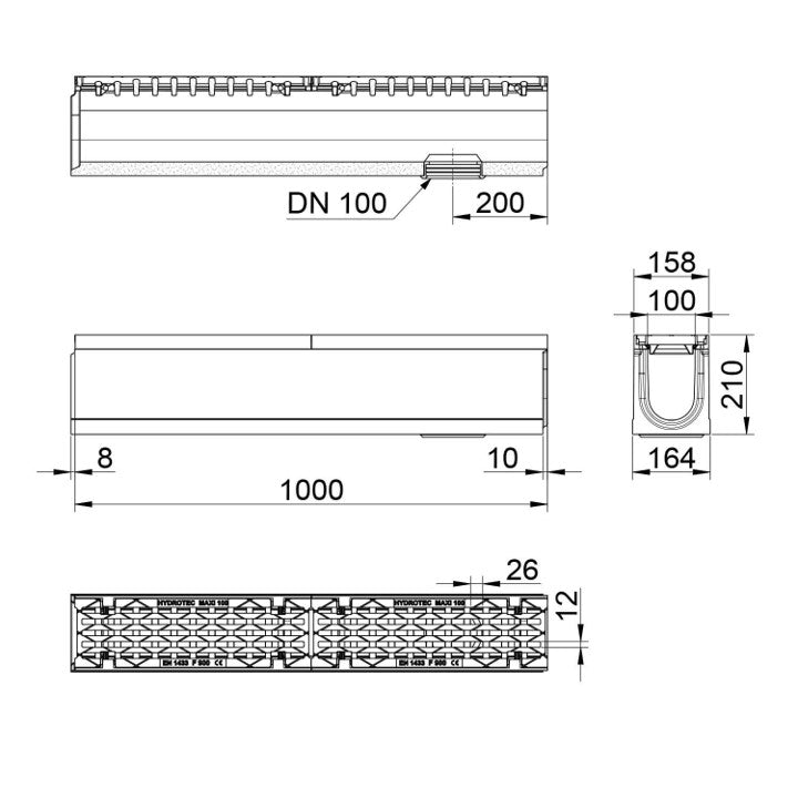 Roostergoot-Maxi-100-Langstaafrooster-F900KN-L=1m-H=210mm-Onderafvoer-Tekening-DWTN
