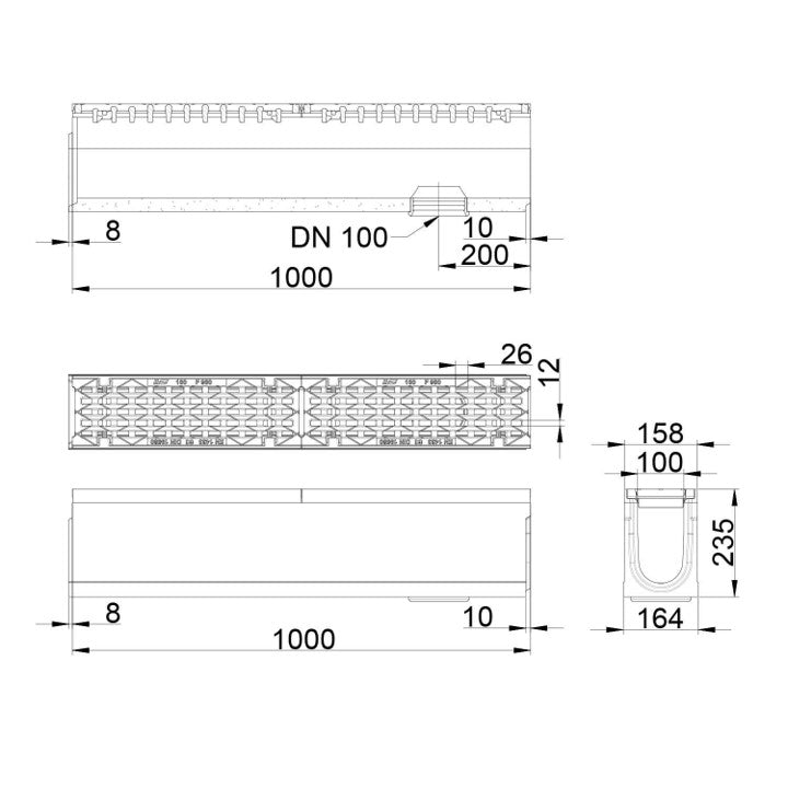 Roostergoot-Maxi-100-Langstaafrooster-F900KN-L=1m-H=235mm-Onderafvoer-Tekening-DWTN