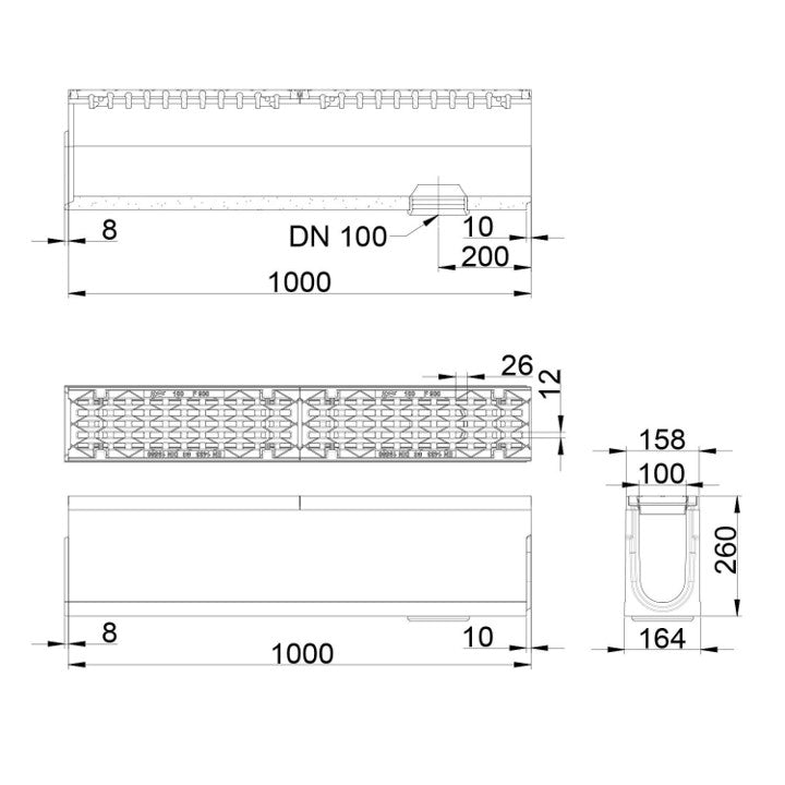Roostergoot-Maxi-100-Langstaafrooster-F900KN-L=1m-H=260mm-Onderafvoer-Tekening-DWTN