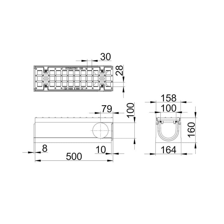 Roostergoot-Maxi-100-Maasrooster-E600KN-L=0,5m-H=160mm-Hoekstuk-Tstuk-Tekening-DWTN