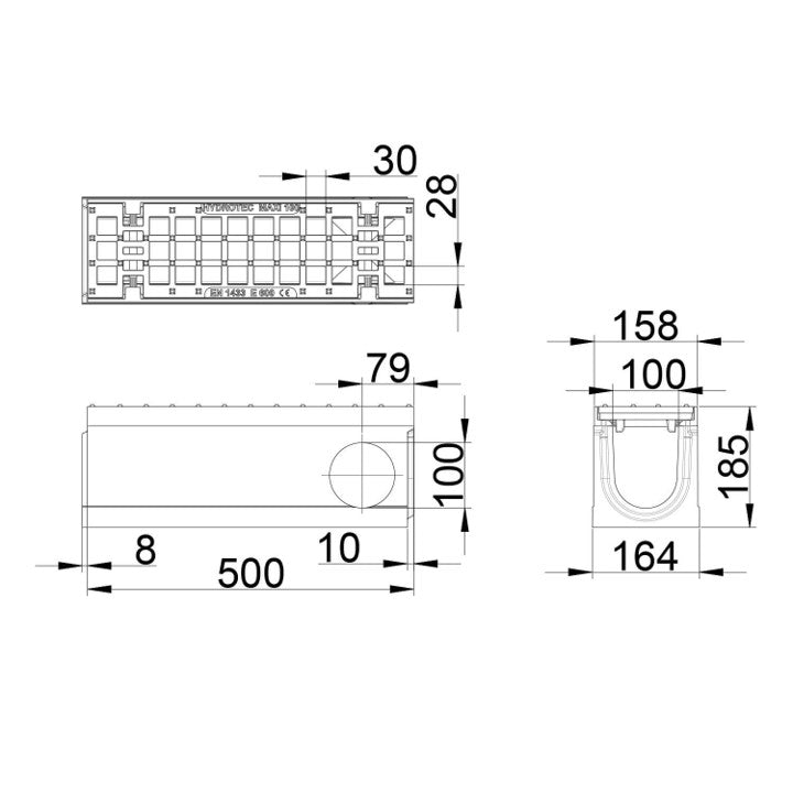 Roostergoot-Maxi-100-Maasrooster-E600KN-L=0,5m-H=185mm-Hoekstuk-Tstuk-Tekening-DWTN