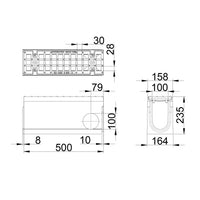 Roostergoot-Maxi-100-Maasrooster-E600KN-L=0,5m-H=235mm-Hoekstuk-Tstuk-Tekening-DWTN
