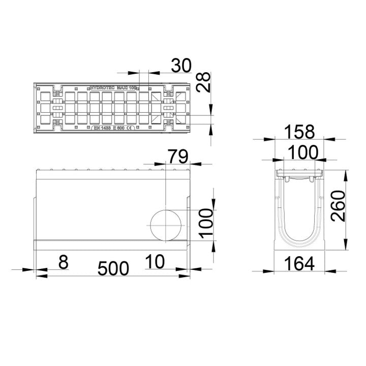 Roostergoot-Maxi-100-Maasrooster-E600KN-L=0,5m-H=260mm-Hoekstuk-Tstuk-Tekening-DWTN