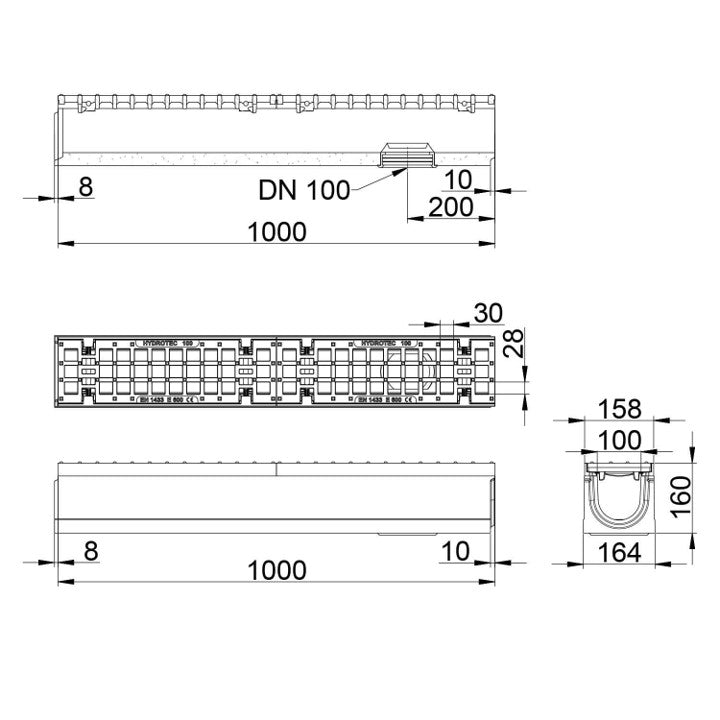 Roostergoot-Maxi-100-Maasrooster-E600KN-L=1m-H=160mm-Onderafvoer-Tekening-DWTN