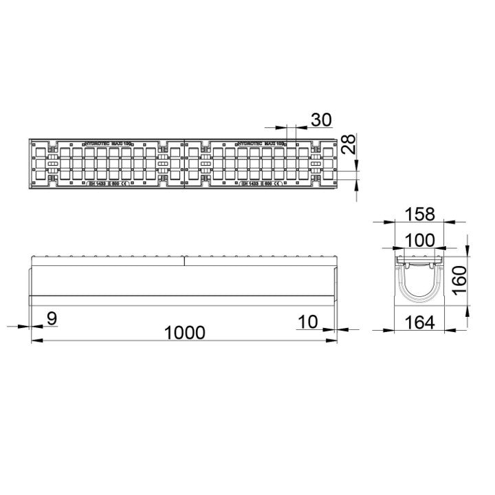 Roostergoot-Maxi-100-Maasrooster-E600KN-L=1m-H=160mm-Tekening-DWTN