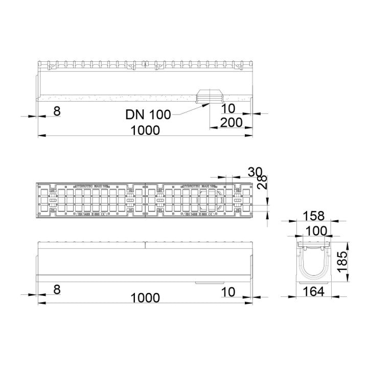 Roostergoot-Maxi-100-Maasrooster-E600KN-L=1m-H=185mm-Onderafvoer-Tekening-DWTN