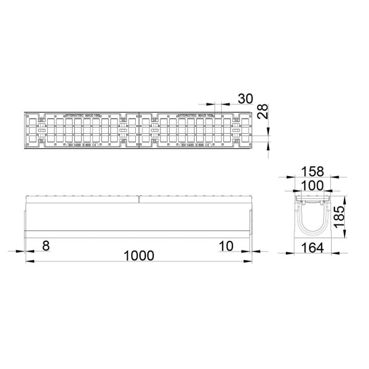 Roostergoot-Maxi-100-Maasrooster-E600KN-L=1m-H=185mm-Tekening-DWTN