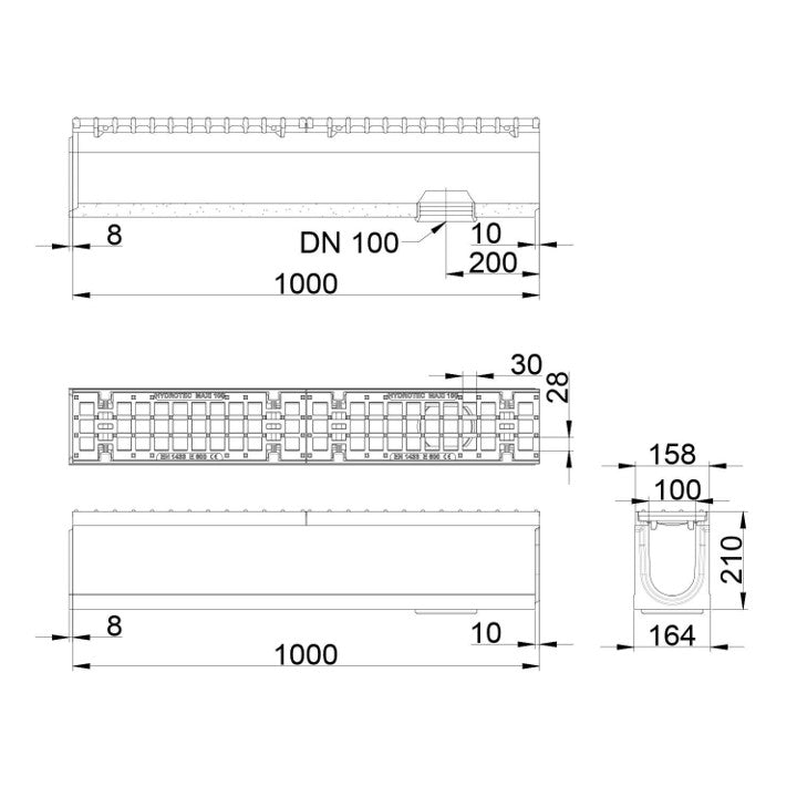 Roostergoot-Maxi-100-Maasrooster-E600KN-L=1m-H=210mm-Onderafvoer-Tekening-DWTN