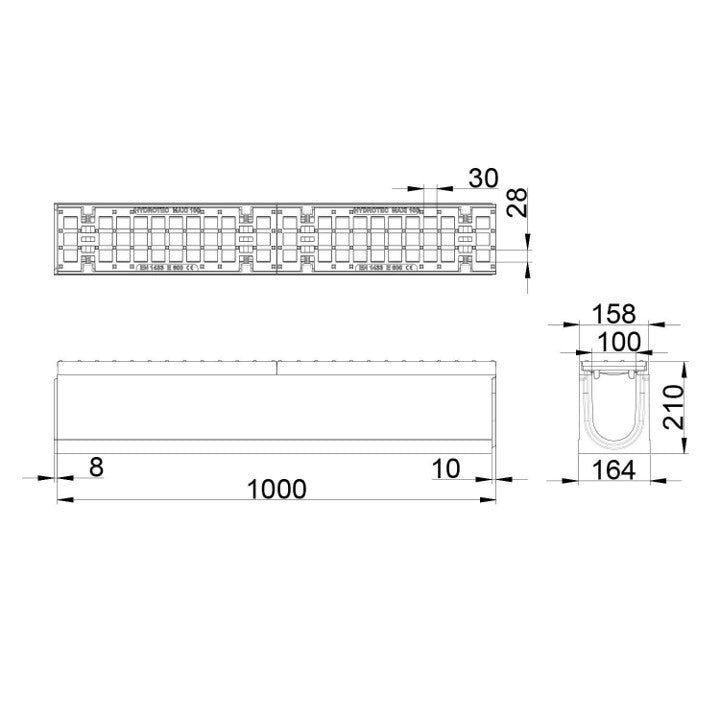 Roostergoot-Maxi-100-Maasrooster-E600KN-L=1m-H=210mm-Tekening-DWTN