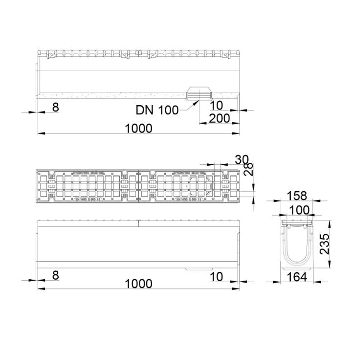 Roostergoot-Maxi-100-Maasrooster-E600KN-L=1m-H=235mm-Onderafvoer-Tekening-DWTN