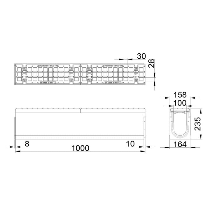 Roostergoot-Maxi-100-Maasrooster-E600KN-L=1m-H=235mm-Tekening-DWTN