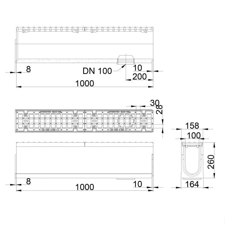 Roostergoot-Maxi-100-Maasrooster-E600KN-L=1m-H=260mm-Onderafvoer-Tekening-DWTN