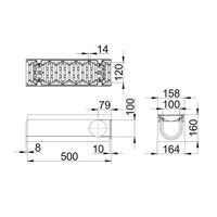 Roostergoot-Maxi-100-Sleufrooster-C250KN-L=0,5m-H=160mm-Hoekstuk-Tstuk-Tekening-DWTN