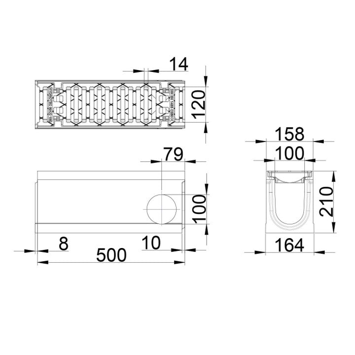 Roostergoot-Maxi-100-Sleufrooster-C250KN-L=0,5m-H=210mm-Hoekstuk-Tstuk-Tekening-DWTN
