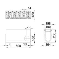 Roostergoot-Maxi-100-Sleufrooster-C250KN-L=0,5m-H=260mm-Hoekstuk-Tstuk-Tekening-DWTN