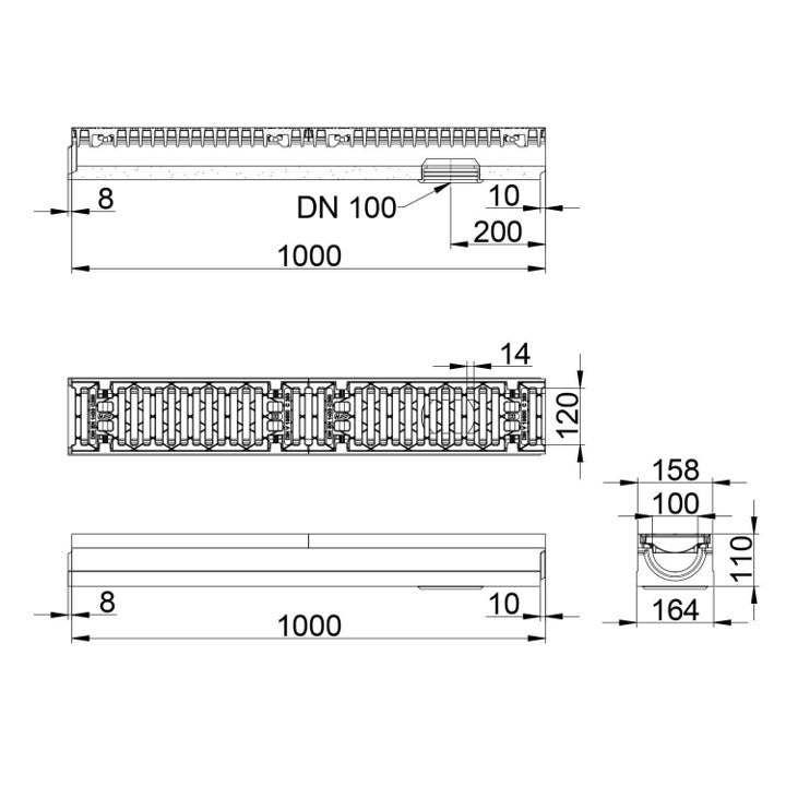 Roostergoot-Maxi-100-Sleufrooster-C250KN-L=1m-H=110mm-Onderafvoer-Tekening-DWTN