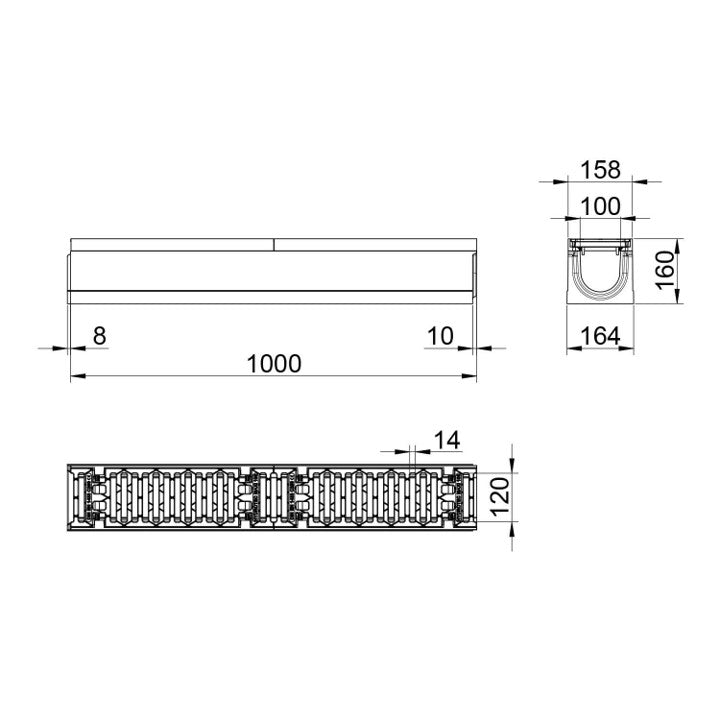 Roostergoot-Maxi-100-Sleufrooster-C250KN-L=1m-H=160mm-Tekening-DWTN