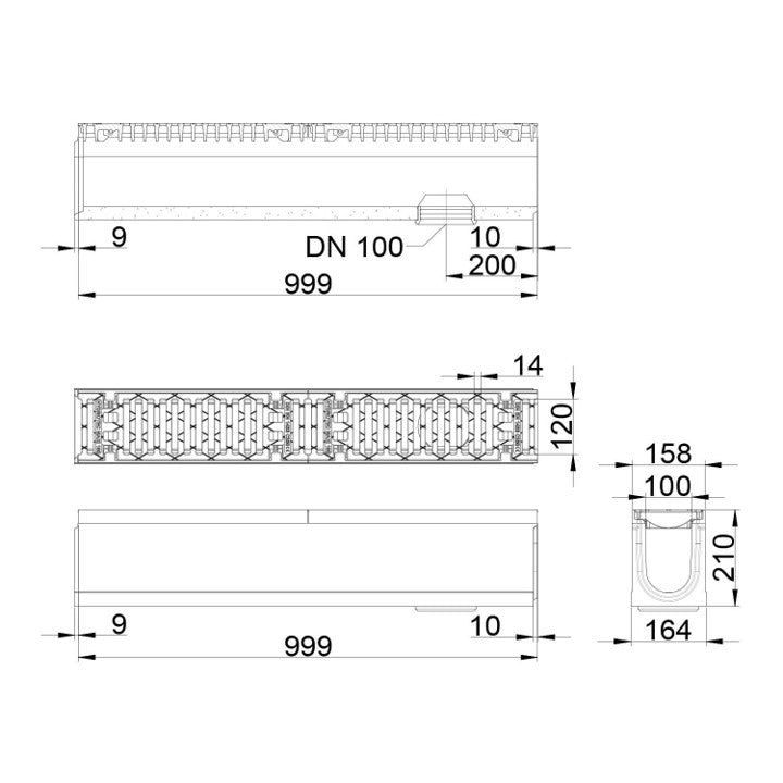 Roostergoot-Maxi-100-Sleufrooster-C250KN-L=1m-H=210mm-Onderafvoer-Tekening-DWTN