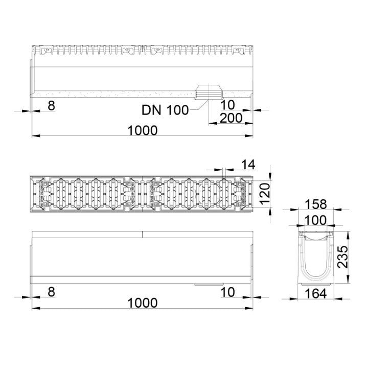 Roostergoot-Maxi-100-Sleufrooster-C250KN-L=1m-H=235mm-Onderafvoer-Tekening-DWTN
