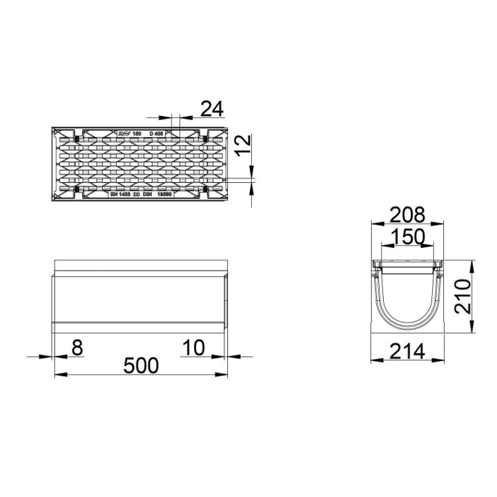 Roostergoot-Maxi-150-Langstaafrooster-D400KN-L=0,5m-H=210mm-Tekening-DWTN