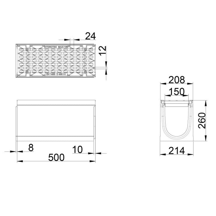 Roostergoot-Maxi-150-Langstaafrooster-D400KN-L=0,5m-H=260mm-Tekening-DWTN
