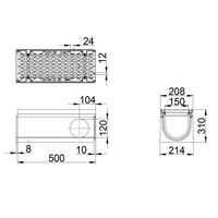 Roostergoot-Maxi-150-Langstaafrooster-D400KN-L=0,5m-H=310mm-Hoekstuk-Tstuk-Tekening-DWTN
