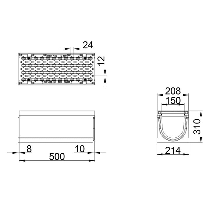 Roostergoot-Maxi-150-Langstaafrooster-D400KN-L=0,5m-H=310mm-Tekening-DWTN