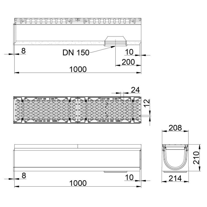 Roostergoot-Maxi-150-Langstaafrooster-D400KN-L=1m-H=210mm-Onderafvoer-Tekening-DWTN
