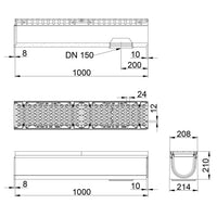 Roostergoot-Maxi-150-Langstaafrooster-D400KN-L=1m-H=210mm-Onderafvoer-Tekening-DWTN
